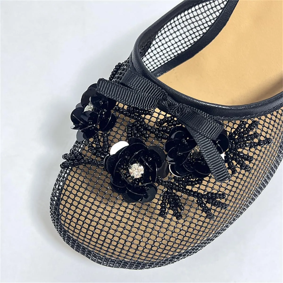 Goolita Summer Flower Beaded Mesh Mule Heels For Women, Closed Round Toe Slingback Kitten Heels Backless Slip On Party Evening Shoes
