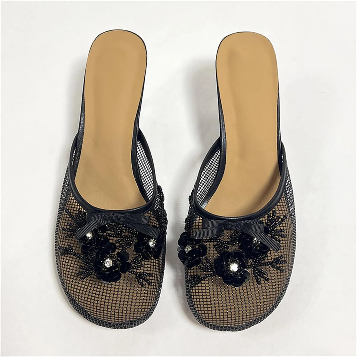 Goolita Summer Flower Beaded Mesh Mule Heels For Women, Closed Round Toe Slingback Kitten Heels Backless Slip On Party Evening Shoes