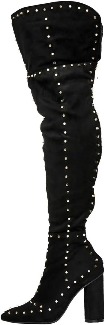 Goolita Women's Suede Chunky Heel Over Knee Boots Rivet Pointed Toe Back Zipper Thigh High Boots Keep Warm Long Boots