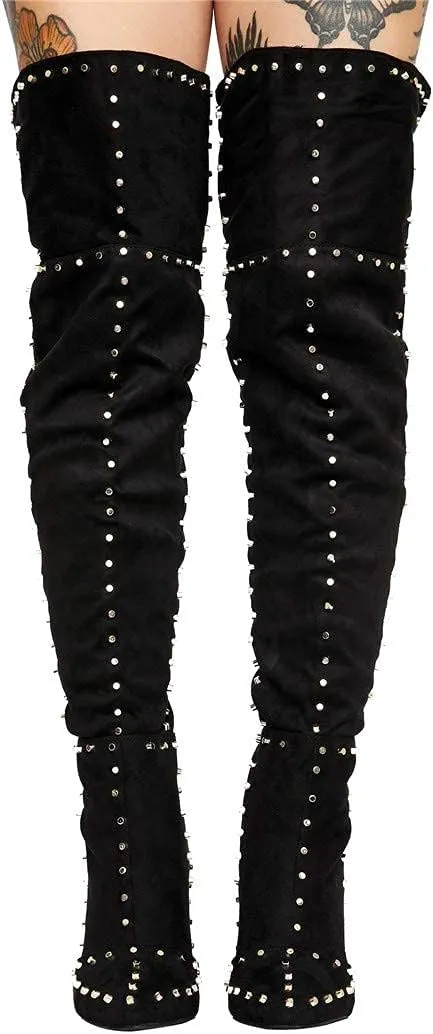 Goolita Women's Suede Chunky Heel Over Knee Boots Rivet Pointed Toe Back Zipper Thigh High Boots Keep Warm Long Boots