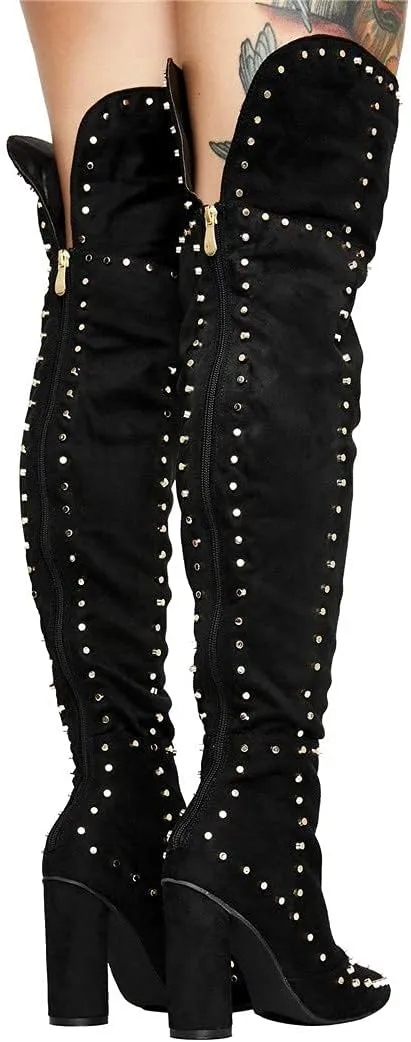 Goolita Women's Suede Chunky Heel Over Knee Boots Rivet Pointed Toe Back Zipper Thigh High Boots Keep Warm Long Boots