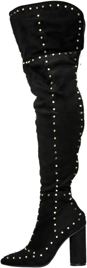 Goolita Women's Suede Chunky Heel Over Knee Boots Rivet Pointed Toe Back Zipper Thigh High Boots Keep Warm Long Boots