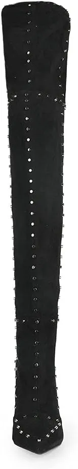 Goolita Women's Suede Chunky Heel Over Knee Boots Rivet Pointed Toe Back Zipper Thigh High Boots Keep Warm Long Boots