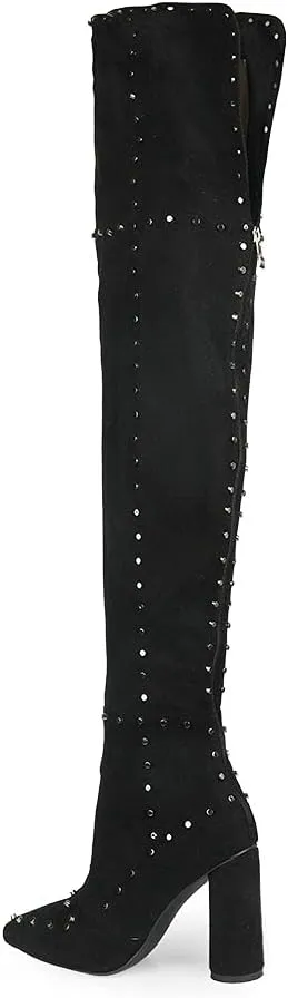 Goolita Women's Suede Chunky Heel Over Knee Boots Rivet Pointed Toe Back Zipper Thigh High Boots Keep Warm Long Boots