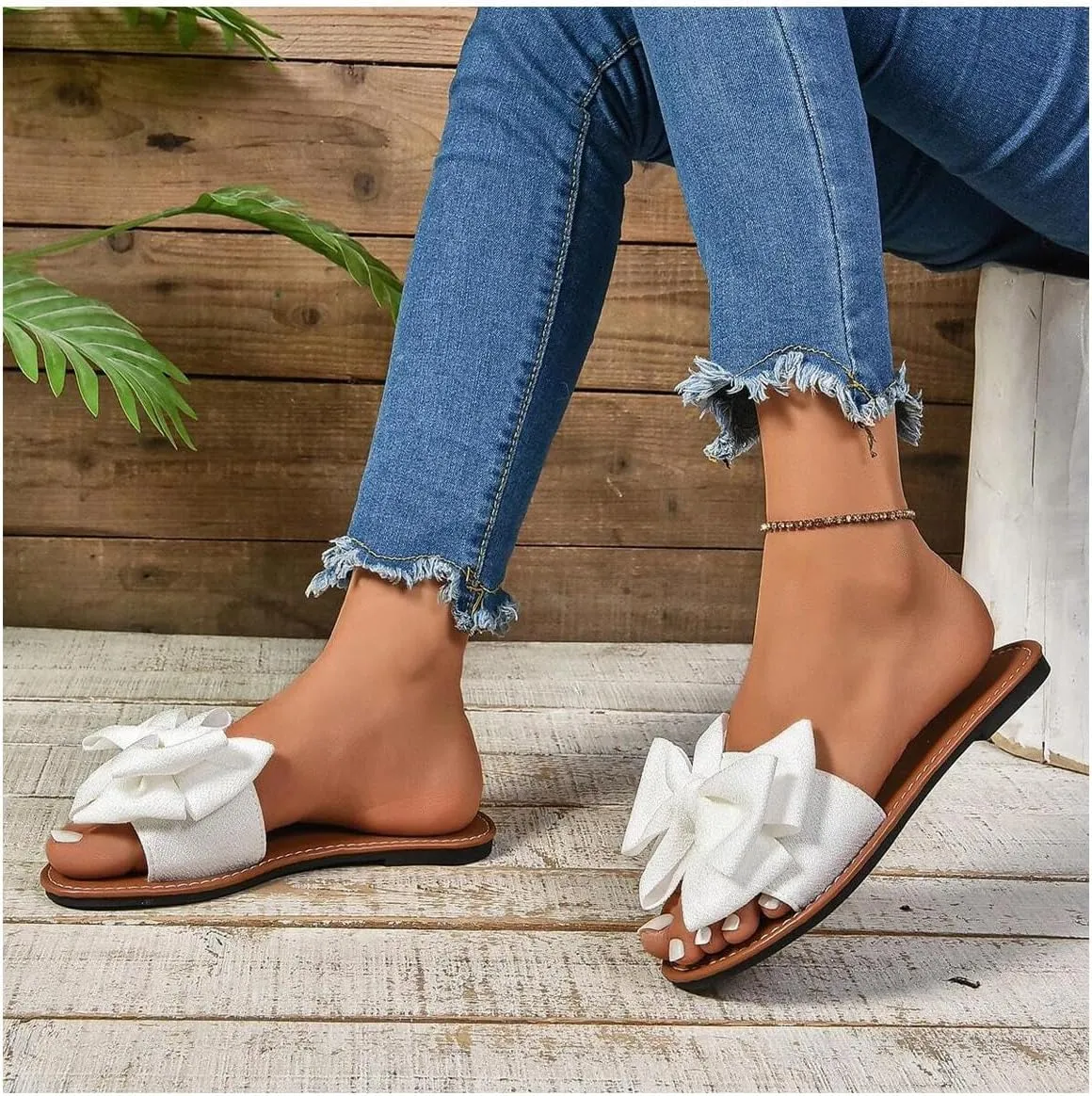 GORGLITTER Women's Bow Sandals Vacation Open Toe Single Band Flats Summer Wide Width Slide Sandals