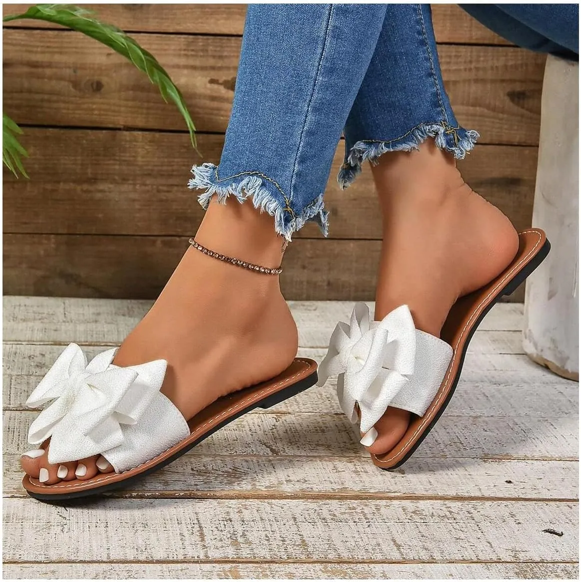 GORGLITTER Women's Bow Sandals Vacation Open Toe Single Band Flats Summer Wide Width Slide Sandals
