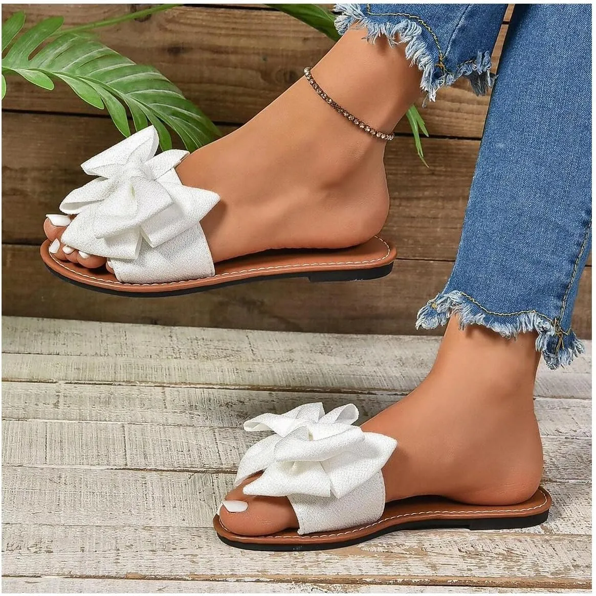 GORGLITTER Women's Bow Sandals Vacation Open Toe Single Band Flats Summer Wide Width Slide Sandals