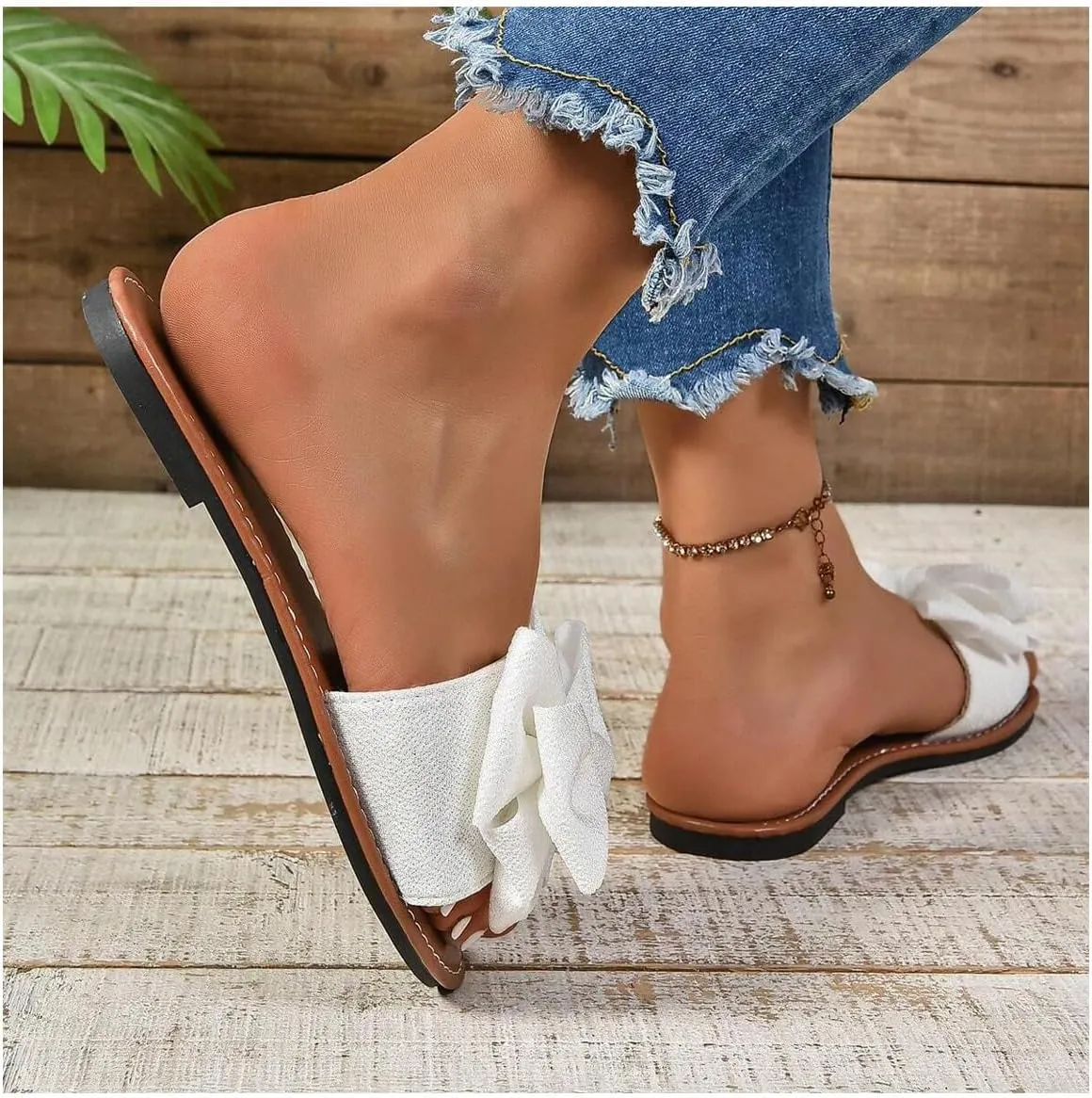 GORGLITTER Women's Bow Sandals Vacation Open Toe Single Band Flats Summer Wide Width Slide Sandals