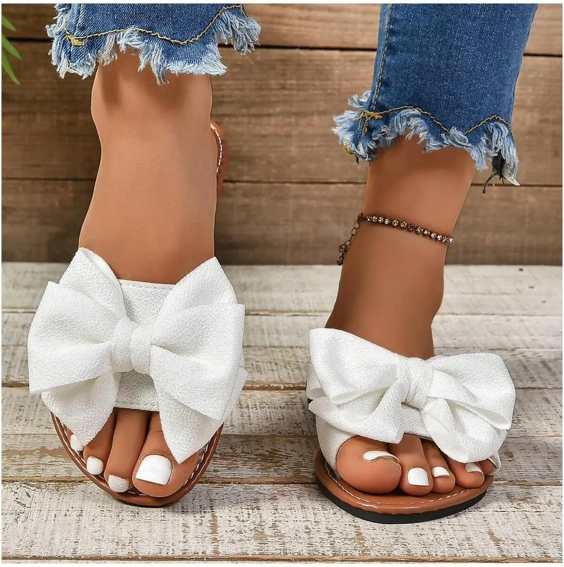 GORGLITTER Women's Bow Sandals Vacation Open Toe Single Band Flats Summer Wide Width Slide Sandals