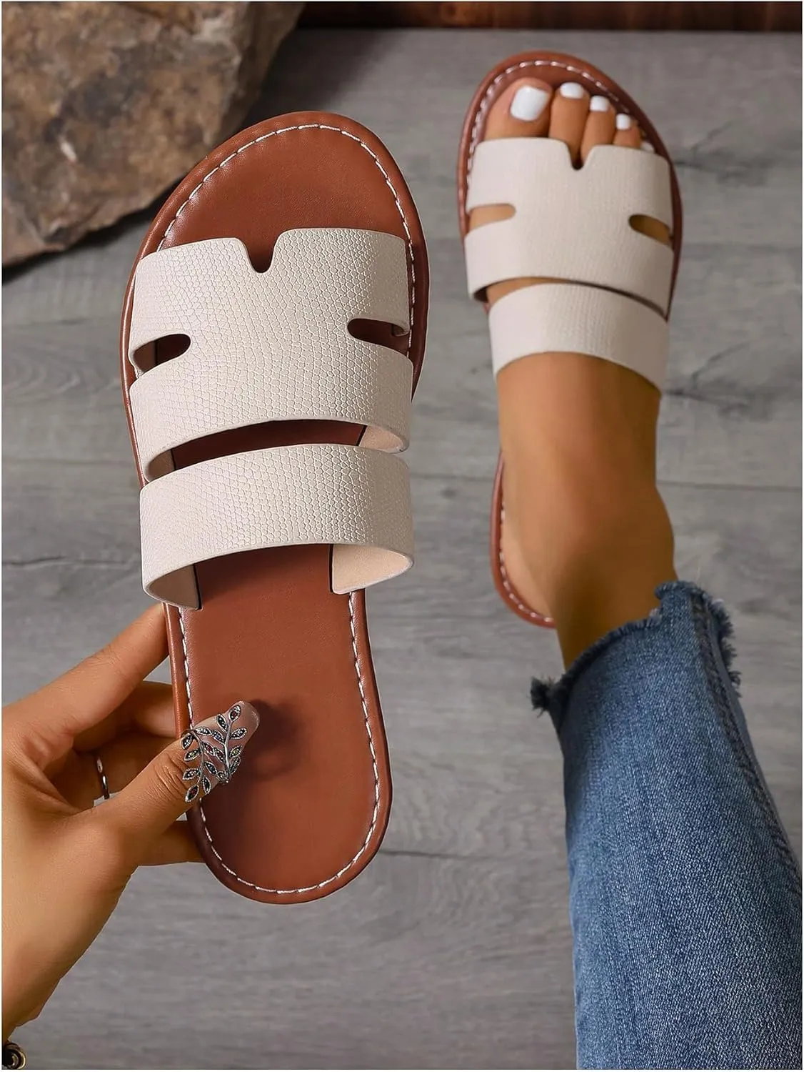GORGLITTER Women's H Strappy Sandals Dressy Open Toe Summer Beach Sandals Comfortable Wide Width Flat Sandals