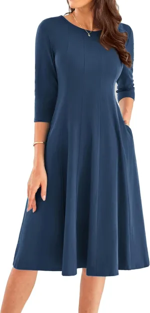 GRACE KARIN Womens 2025 Trendy Dresses Crew Neck 3/4 Sleeve A Line Loose Casual Midi Dress with Pockets