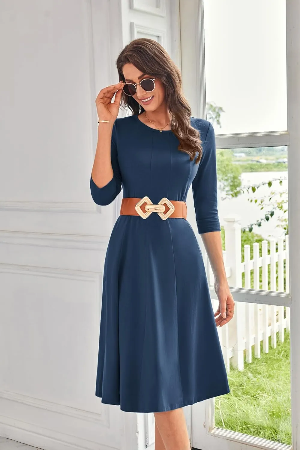 GRACE KARIN Womens 2025 Trendy Dresses Crew Neck 3/4 Sleeve A Line Loose Casual Midi Dress with Pockets