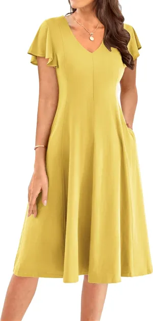 GRACE KARIN Women's Summer Wedding Guest Dresses 2025 Soft Knit Flutter Sleeve Casual Formal Swing Dress with Pocket