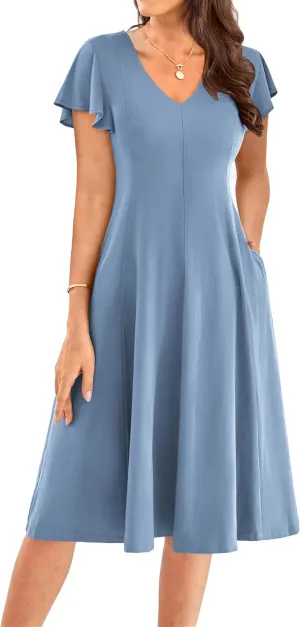 GRACE KARIN Women's Summer Wedding Guest Dresses 2025 Soft Knit Flutter Sleeve Casual Formal Swing Dress with Pocket