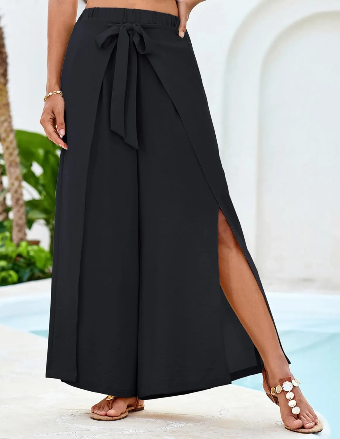 GRACE KARIN Women's Wide Leg Pants High Waisted Palazzo Beach Pants Tie Knot Summer Caual Split Flowy Trousers with Pockets