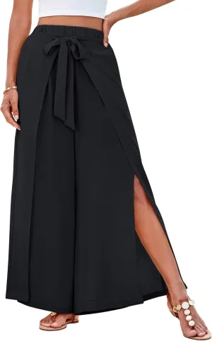 GRACE KARIN Women's Wide Leg Pants High Waisted Palazzo Beach Pants Tie Knot Summer Caual Split Flowy Trousers with Pockets