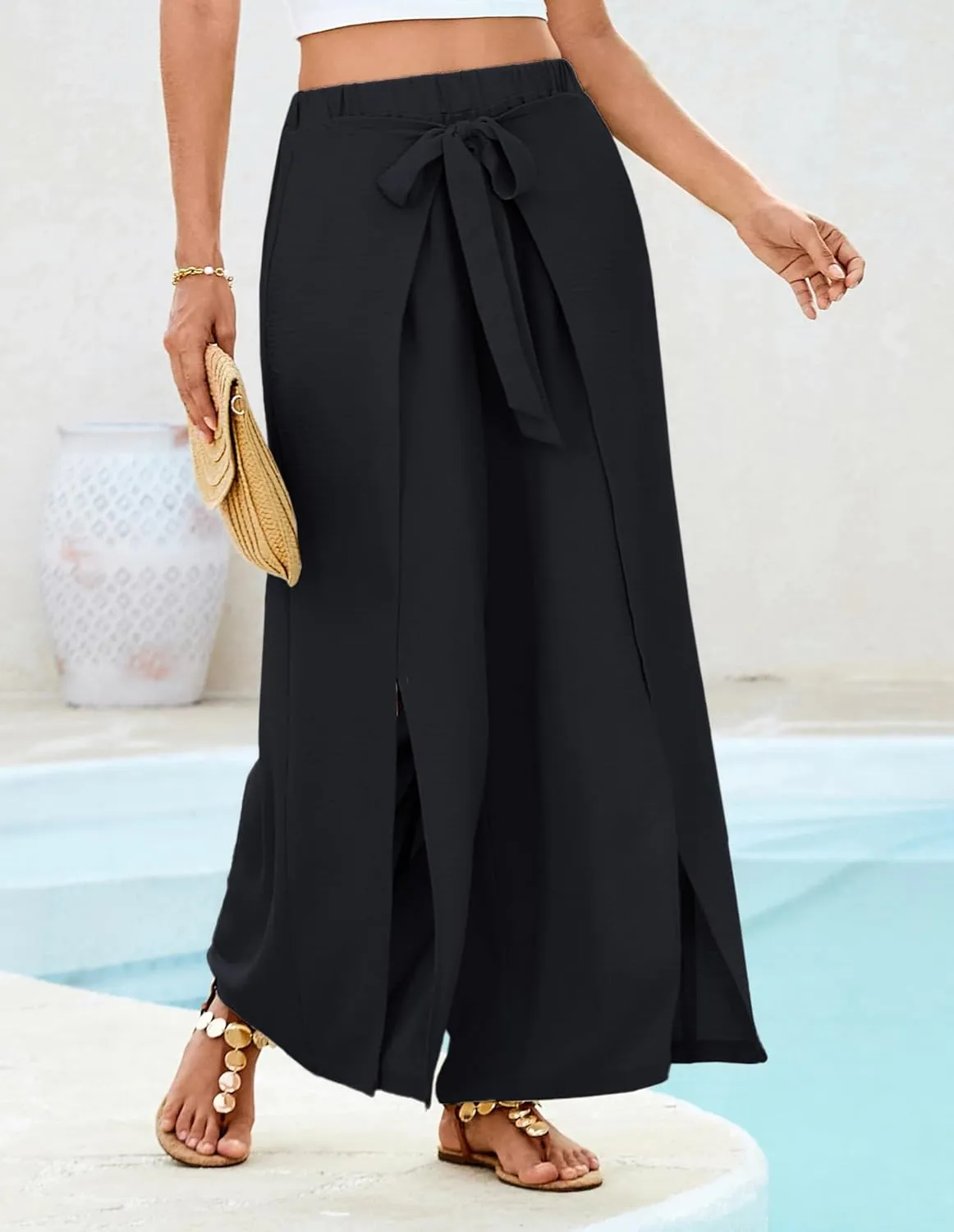 GRACE KARIN Women's Wide Leg Pants High Waisted Palazzo Beach Pants Tie Knot Summer Caual Split Flowy Trousers with Pockets
