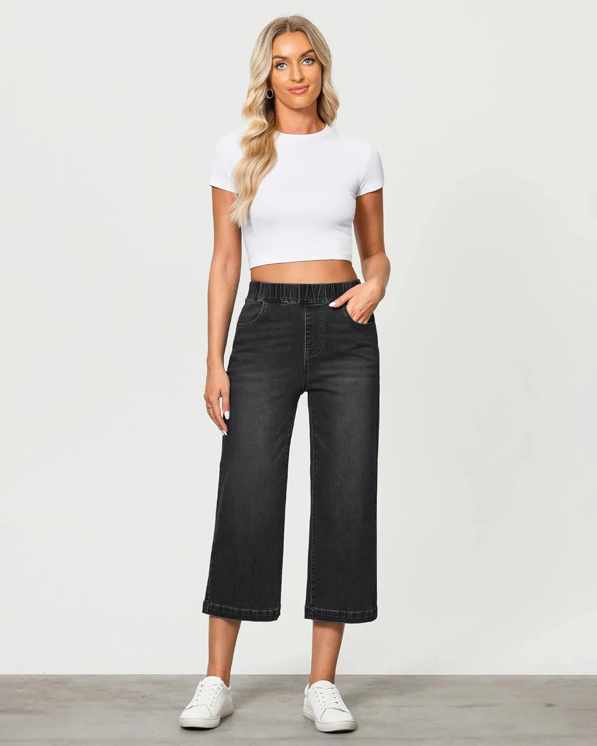 GRAPENT Capri Jeans for Women Wide Leg High Waisted Pull On Trendy Stretchy Denim Elastic Waist Jean Pants with Pockets