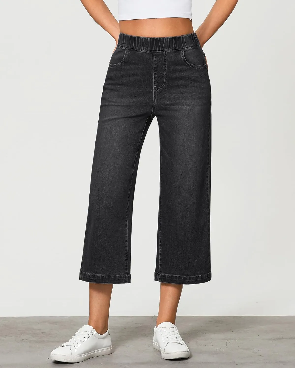 GRAPENT Capri Jeans for Women Wide Leg High Waisted Pull On Trendy Stretchy Denim Elastic Waist Jean Pants with Pockets