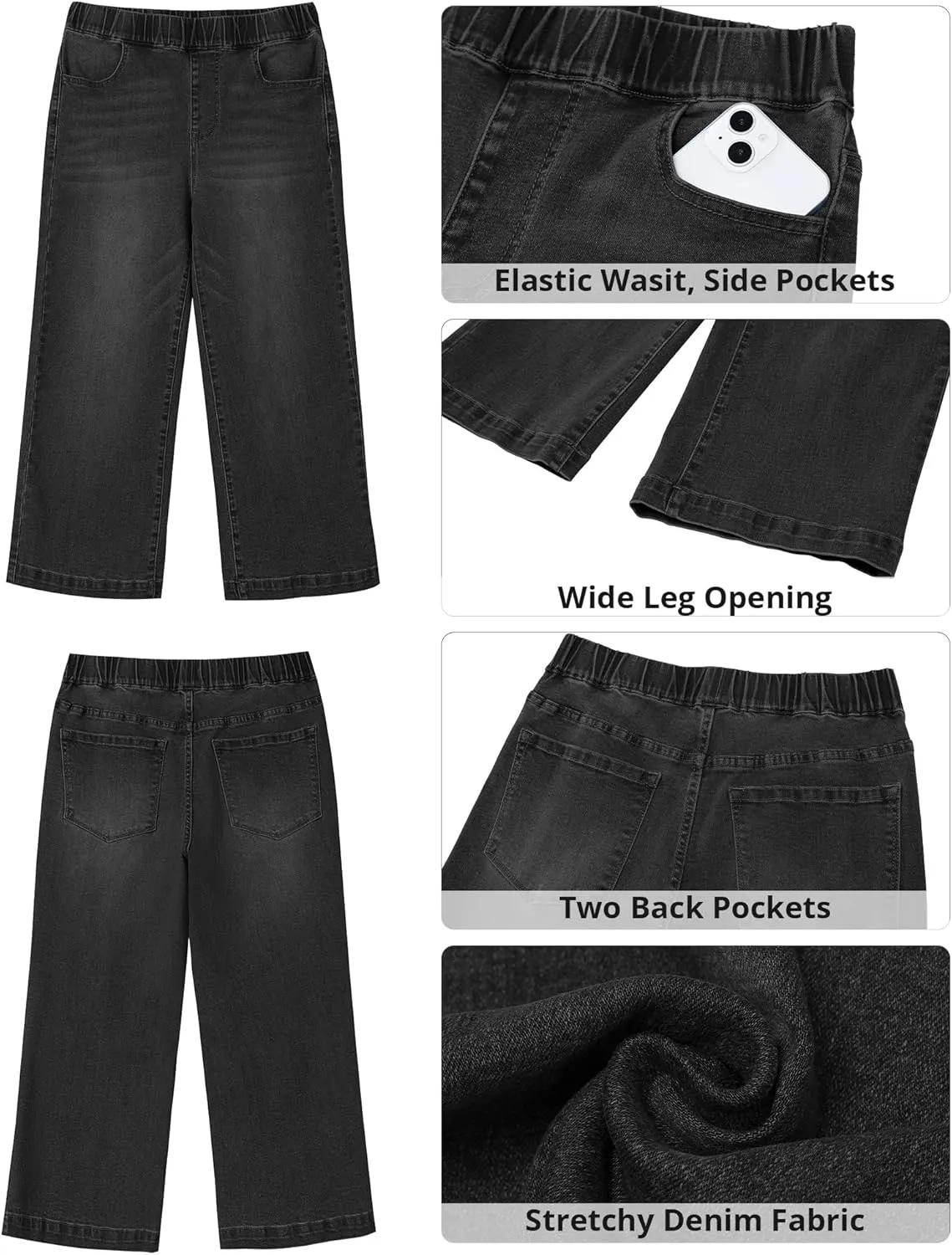 GRAPENT Capri Jeans for Women Wide Leg High Waisted Pull On Trendy Stretchy Denim Elastic Waist Jean Pants with Pockets
