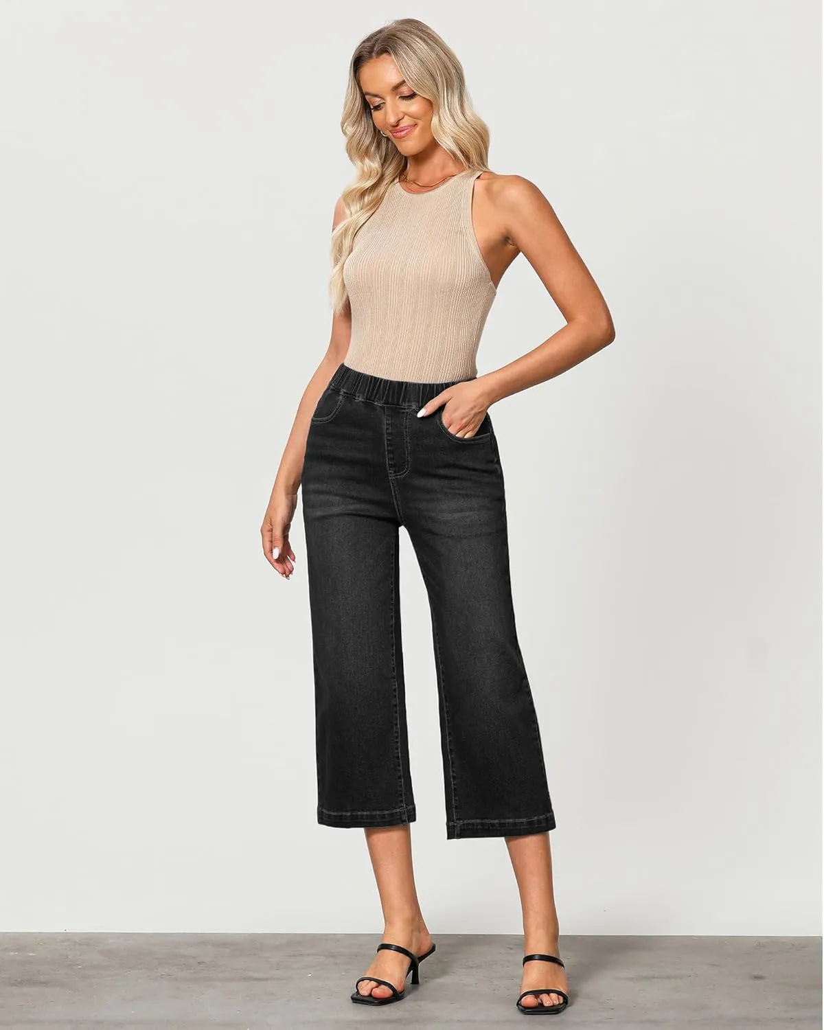 GRAPENT Capri Jeans for Women Wide Leg High Waisted Pull On Trendy Stretchy Denim Elastic Waist Jean Pants with Pockets