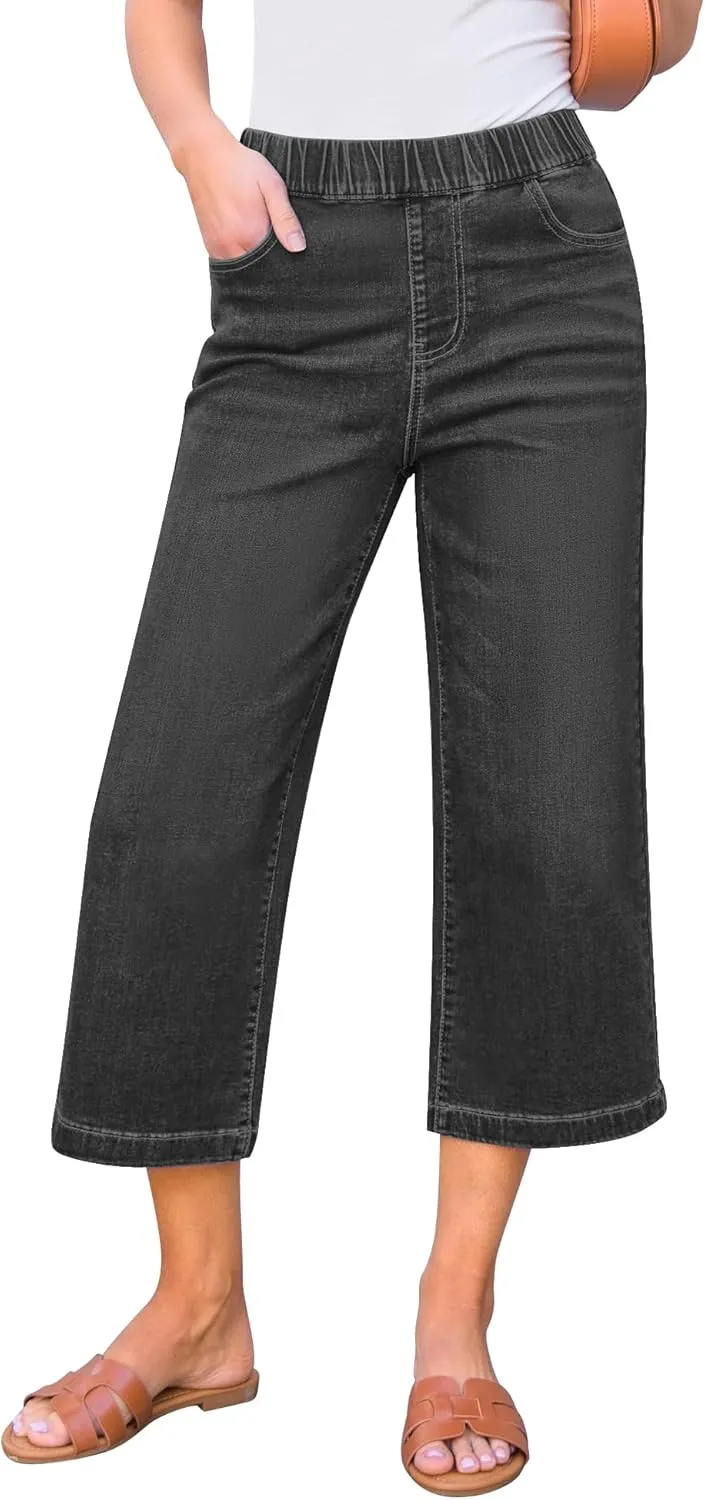 GRAPENT Capri Jeans for Women Wide Leg High Waisted Pull On Trendy Stretchy Denim Elastic Waist Jean Pants with Pockets