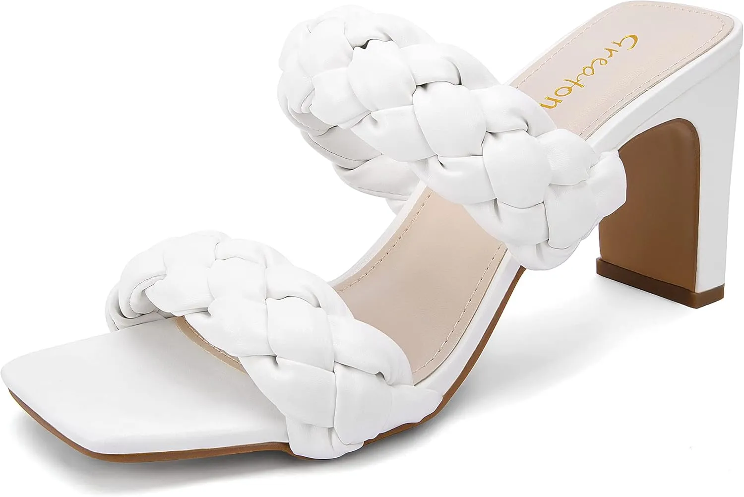 Greatonu Braided Sandals for Women Square Toe Block Heeled Sandals Two Strappy Mule Dress Shoes