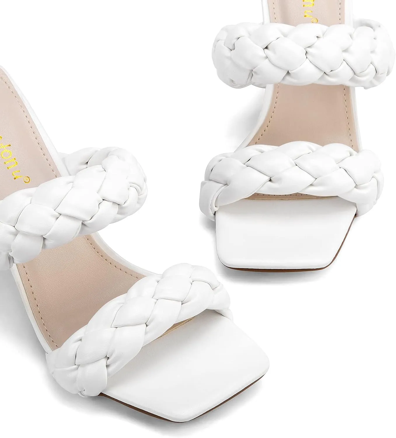 Greatonu Braided Sandals for Women Square Toe Block Heeled Sandals Two Strappy Mule Dress Shoes