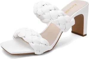 Greatonu Braided Sandals for Women Square Toe Block Heeled Sandals Two Strappy Mule Dress Shoes