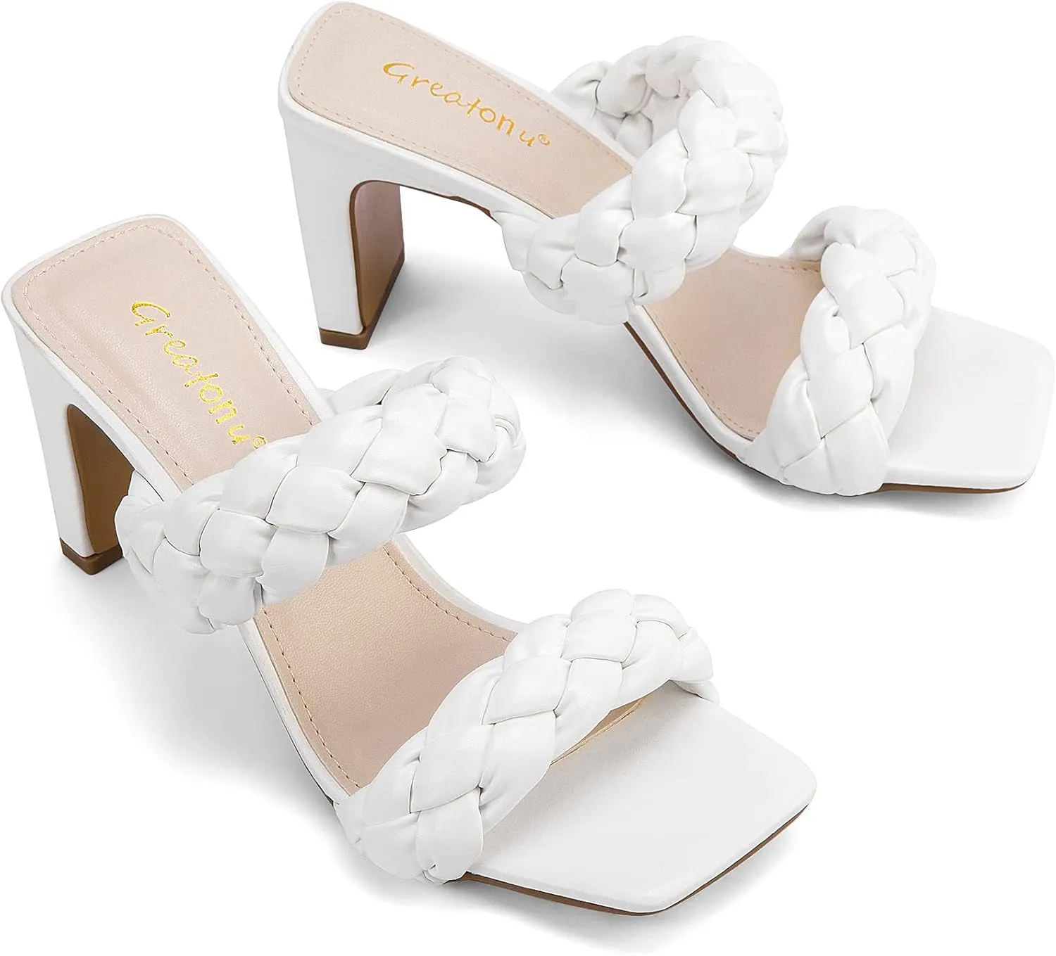 Greatonu Braided Sandals for Women Square Toe Block Heeled Sandals Two Strappy Mule Dress Shoes