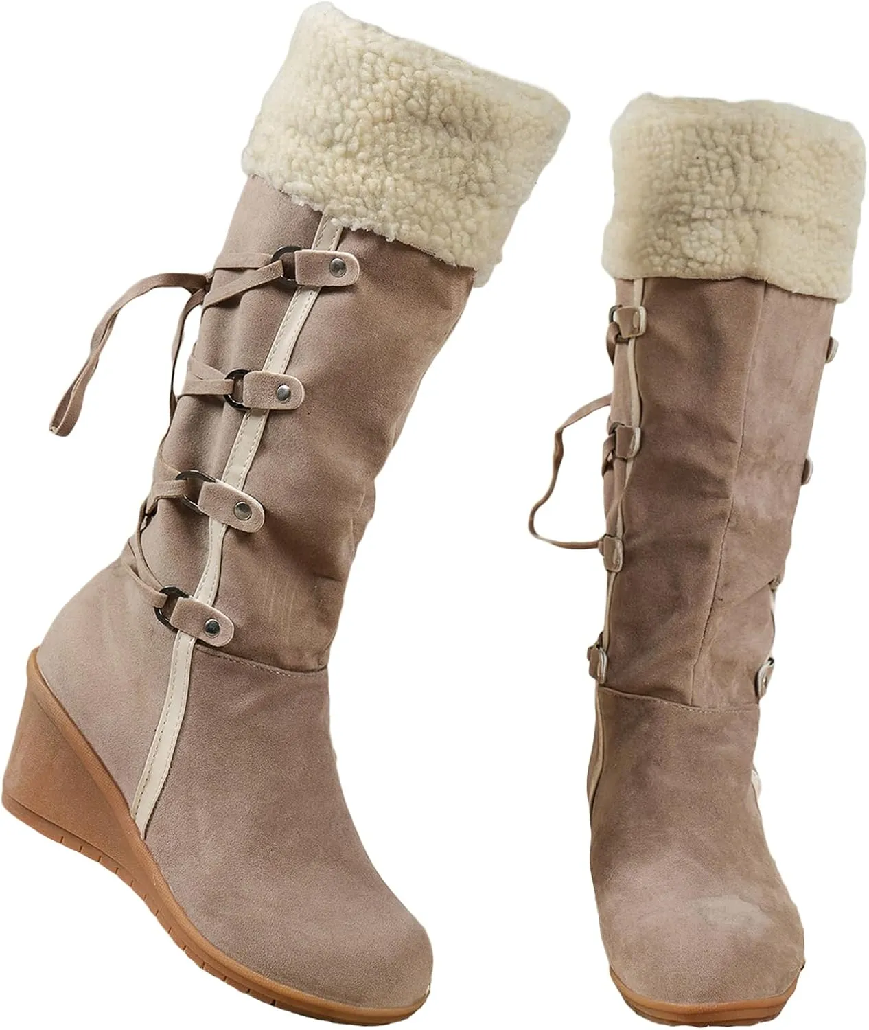 GUNIYIFS Womens Winter Snow Boots Wedge The Knee Thigh Faux Fur Lined Warm Boots Comfortable Fringe Back Lace-Up High Boots