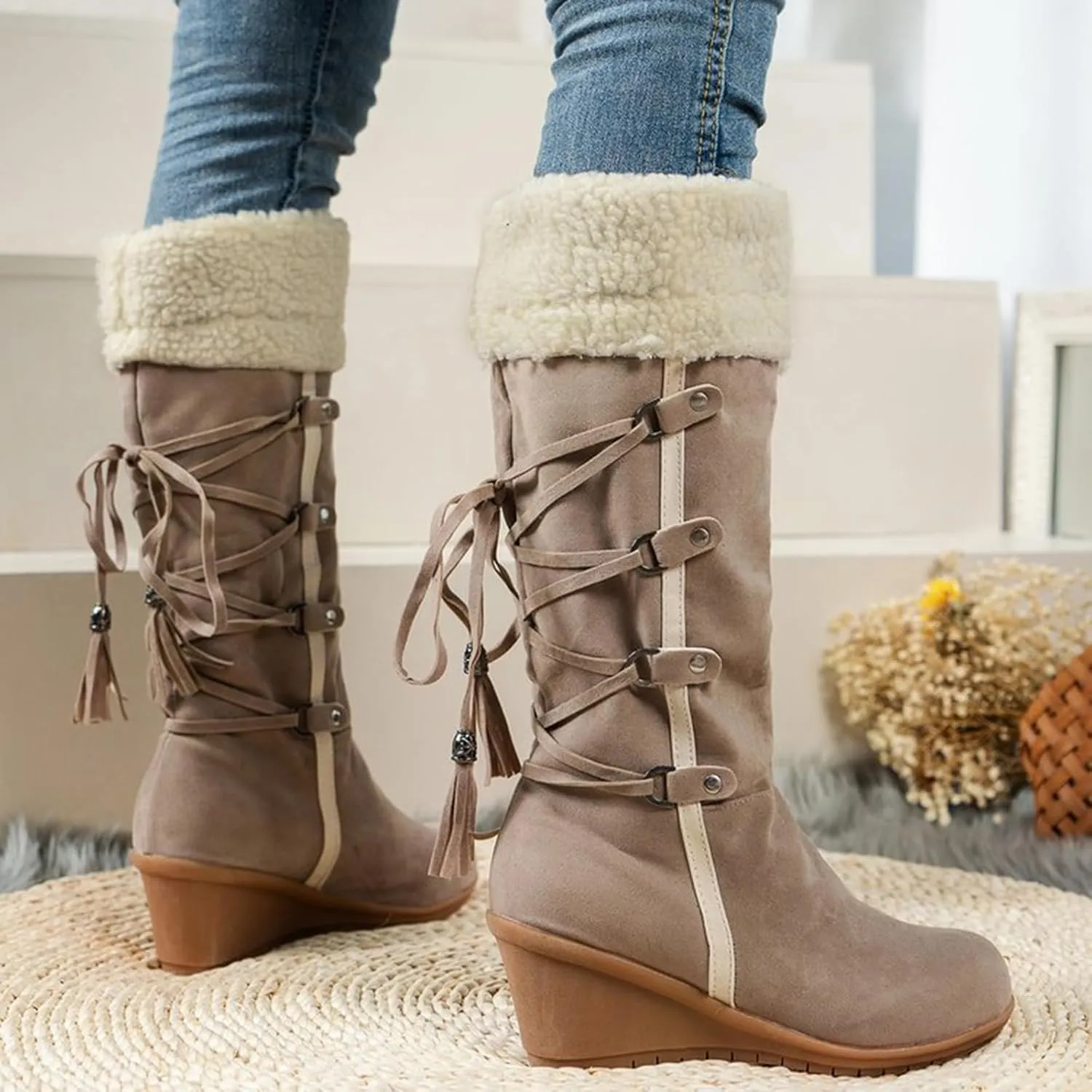 GUNIYIFS Womens Winter Snow Boots Wedge The Knee Thigh Faux Fur Lined Warm Boots Comfortable Fringe Back Lace-Up High Boots