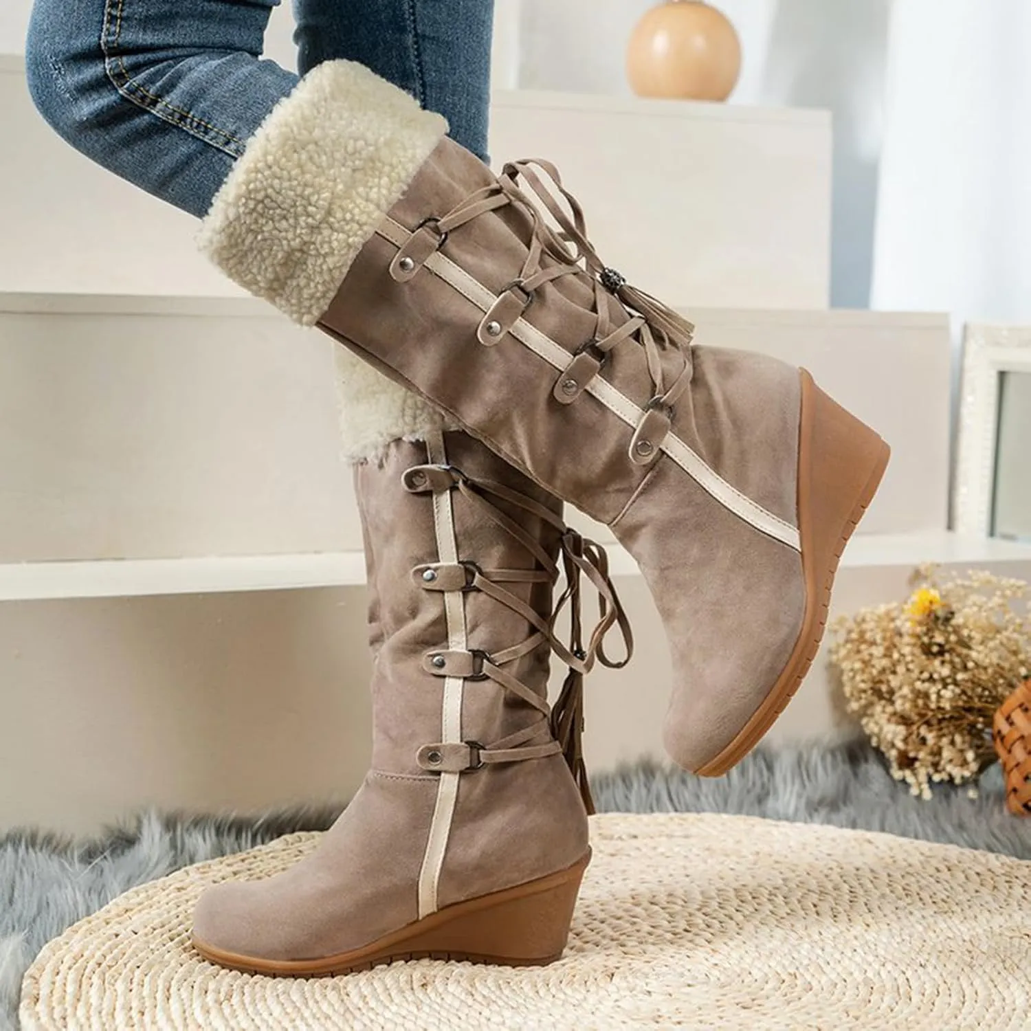 GUNIYIFS Womens Winter Snow Boots Wedge The Knee Thigh Faux Fur Lined Warm Boots Comfortable Fringe Back Lace-Up High Boots