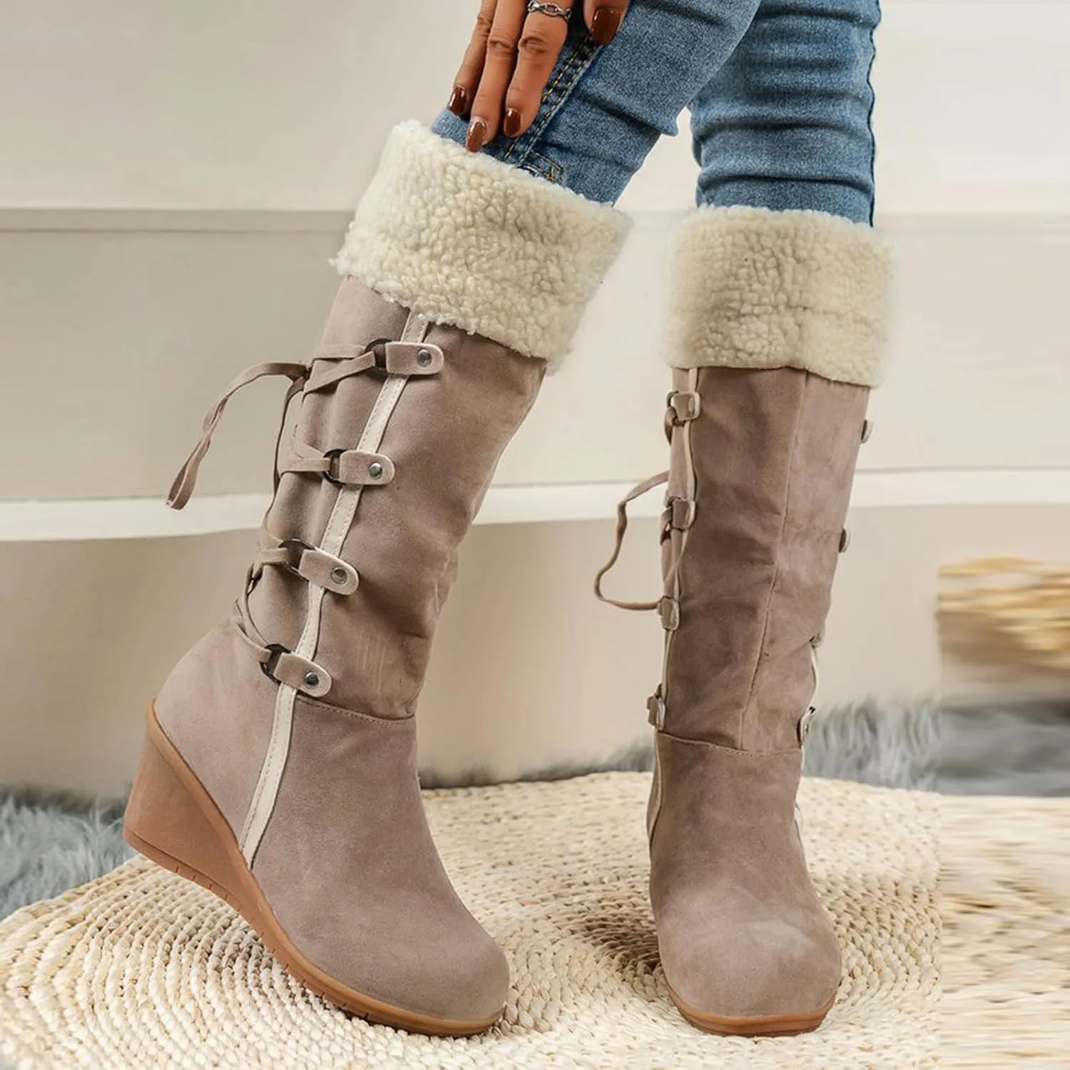 GUNIYIFS Womens Winter Snow Boots Wedge The Knee Thigh Faux Fur Lined Warm Boots Comfortable Fringe Back Lace-Up High Boots