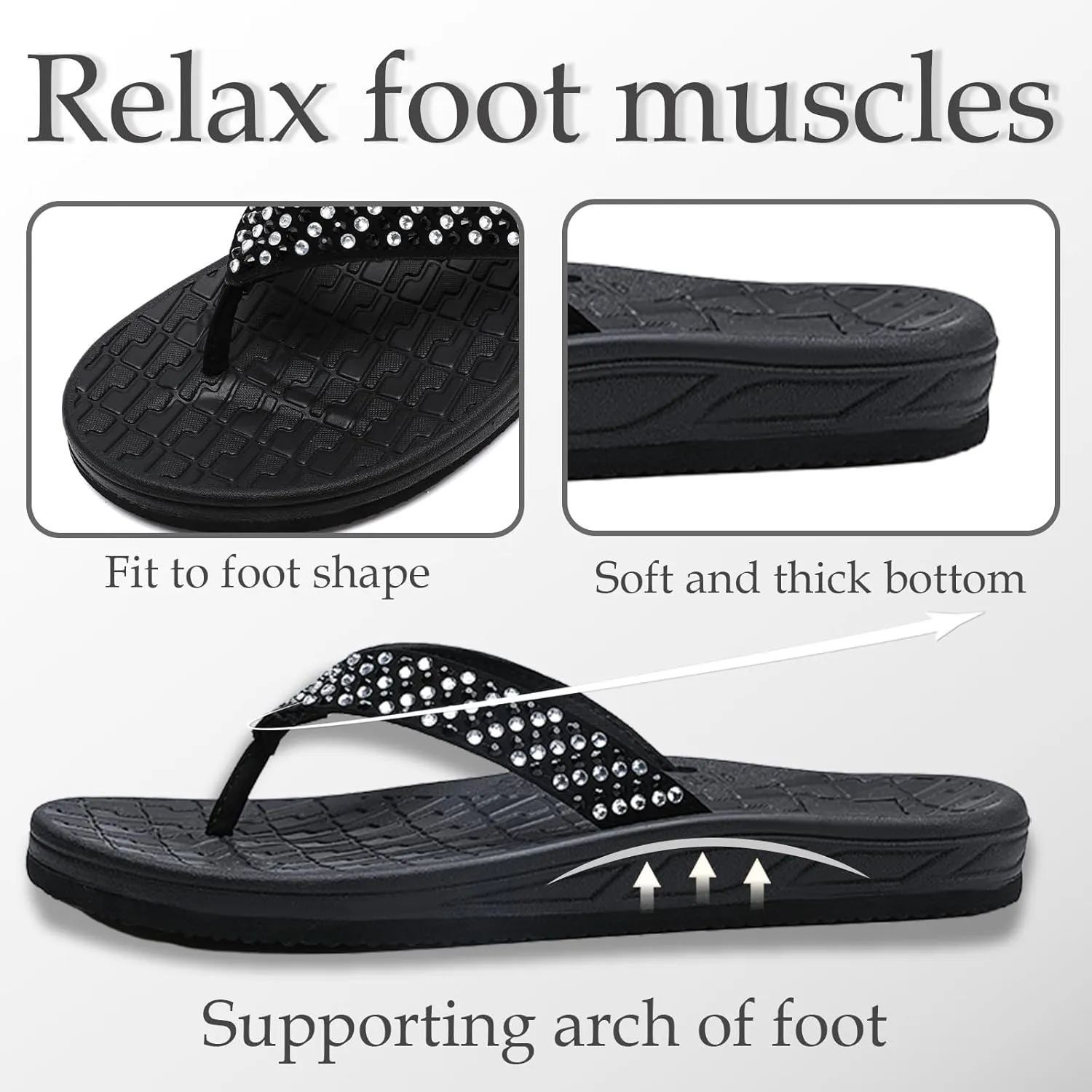 Guyarns Flip Flops Arch Support for Women,Womens Flip Flops with Rhinestone Summer Beach Comfy Thick Slides Sandals