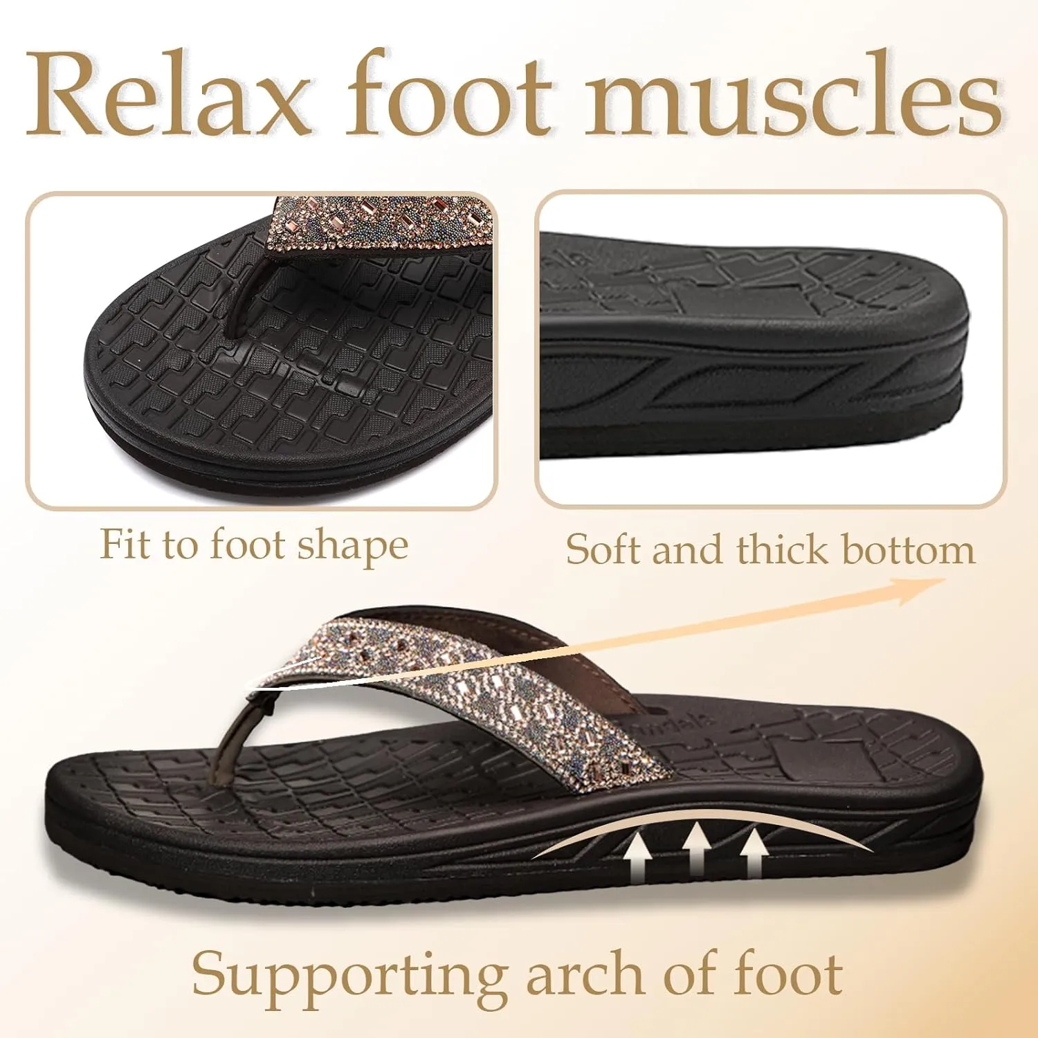 Guyarns Flip Flops Arch Support for Women,Womens Flip Flops with Rhinestone Summer Beach Comfy Thick Slides Sandals