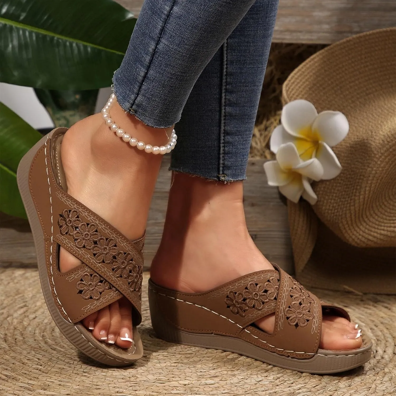 Handmade Orthopedic Shoes for Women Summer Dressy Ladies Sandals Criss Cross Hollow Slipper Comfy Arch Support Wedge