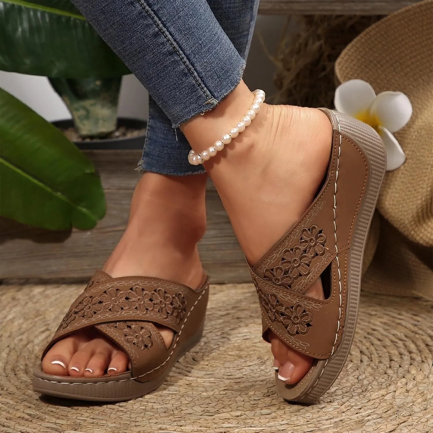 Handmade Orthopedic Shoes for Women Summer Dressy Ladies Sandals Criss Cross Hollow Slipper Comfy Arch Support Wedge