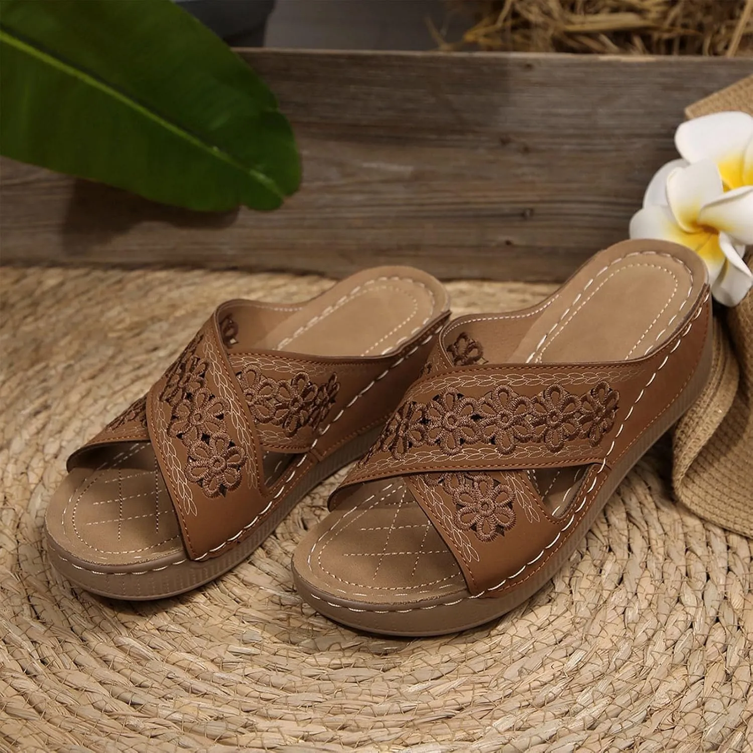 Handmade Orthopedic Shoes for Women Summer Dressy Ladies Sandals Criss Cross Hollow Slipper Comfy Arch Support Wedge