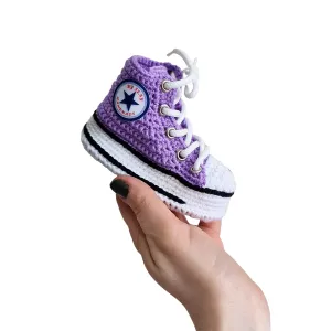 Handmade Purple Knit Newborn Toddler Winter Sneakers Slippers, Walker Wool Bootie Socks, Cozy Indoor Slippers, Non-Slip Sole, Cute Patchwork Booties