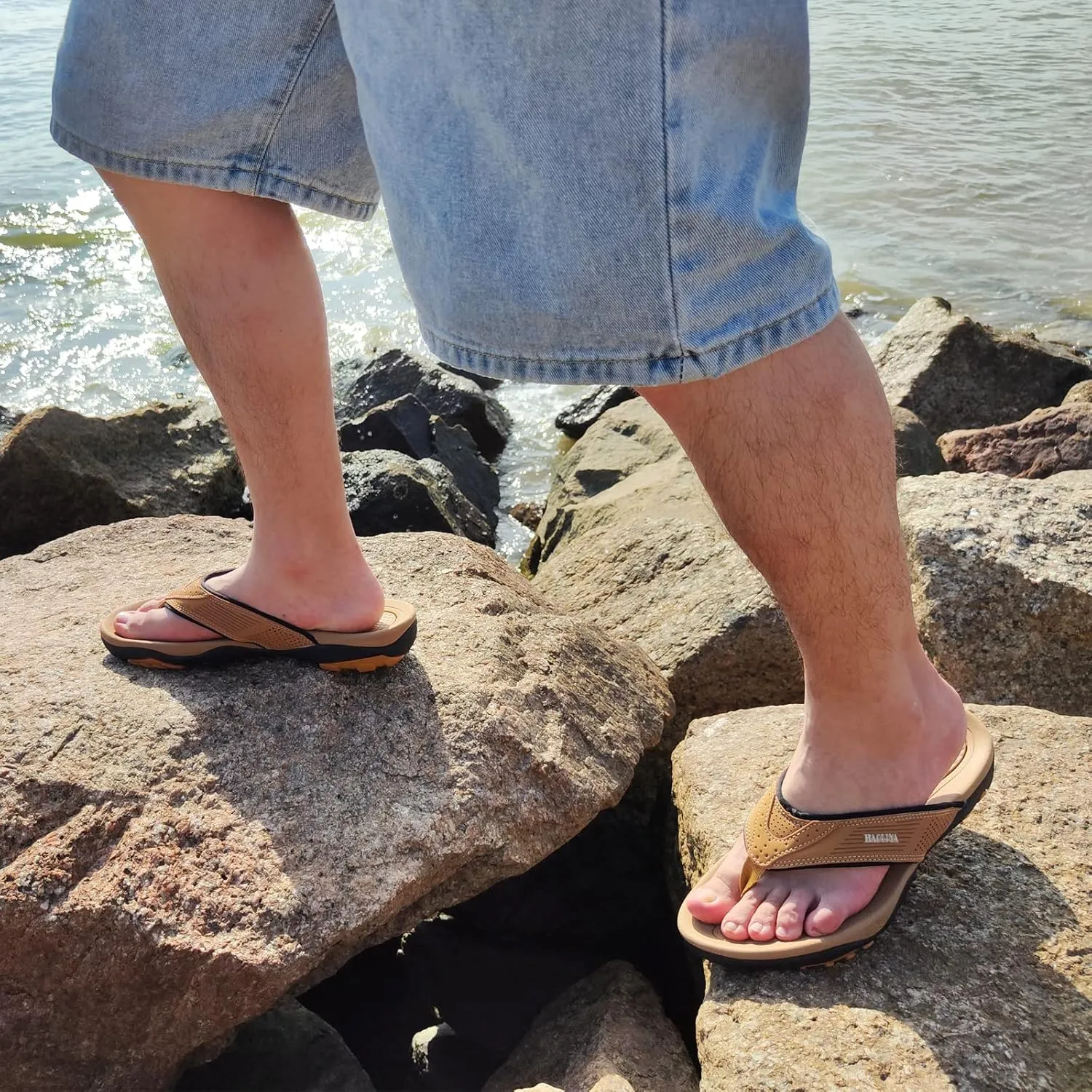 HAOLIRA Mens Leather Flip Flops with Arch Support Comfortable Cushion Thong Sandals Lightweight Waterproof Outdoor Summer Beach Pool Shoes