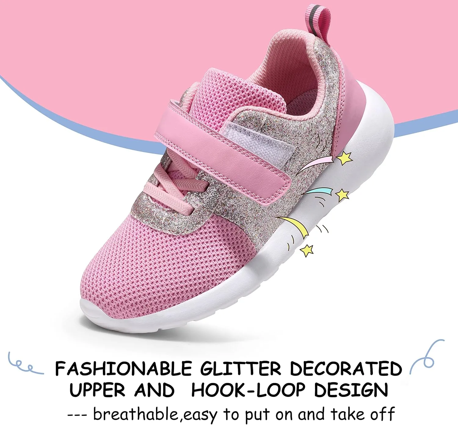 Harvest Land Toddler Glitter Tennis Shoes Slip On Boys Girls Sneakers Casual Running Shoes Woven Breathable with Soft Soled Sports Hook-Loop Outdoor Shoes