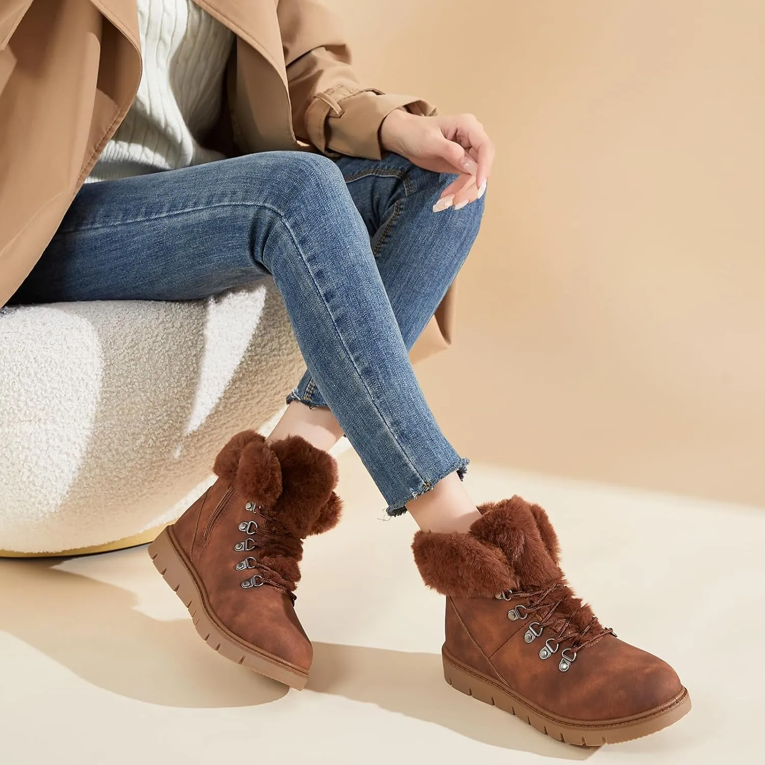 hash bubbie Women's Winter Boots Ankle Booties for Women Warm Fuzzy Boots Lace up PU Leather Snow Boots with Zipper