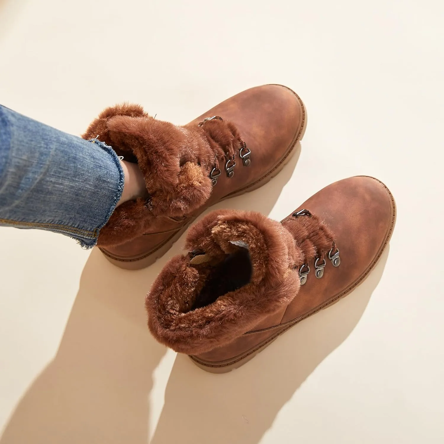 hash bubbie Women's Winter Boots Ankle Booties for Women Warm Fuzzy Boots Lace up PU Leather Snow Boots with Zipper