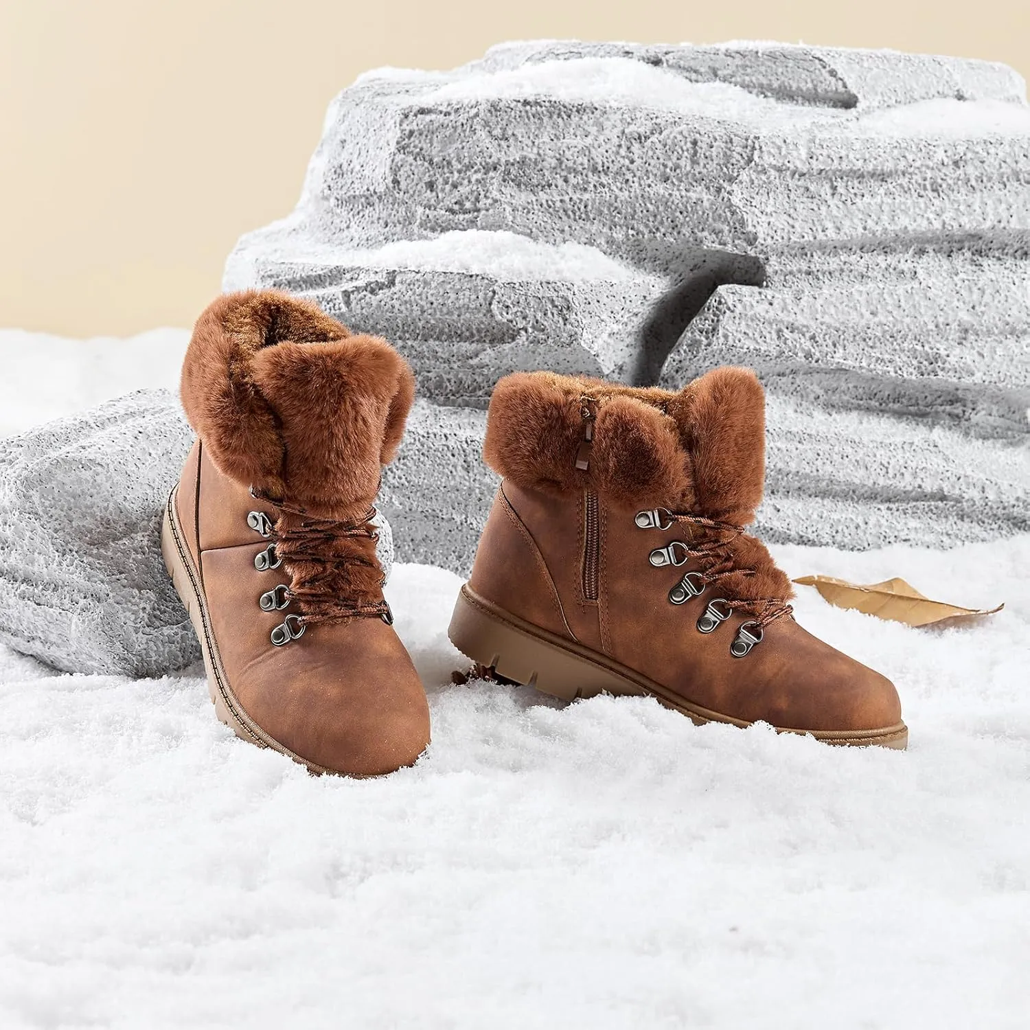 hash bubbie Women's Winter Boots Ankle Booties for Women Warm Fuzzy Boots Lace up PU Leather Snow Boots with Zipper