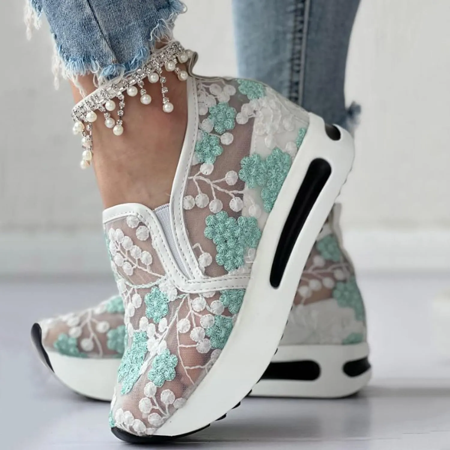 Hbeylia Platform Wedge Sneakers for Women Fashion Embroidery Floral Mesh Air Comfort Chunky Sole Hidden High Heels Slip On Loafers Breathable Walking Work Shoes with Arch Support