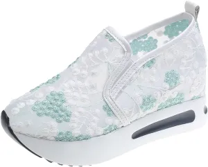 Hbeylia Platform Wedge Sneakers for Women Fashion Embroidery Floral Mesh Air Comfort Chunky Sole Hidden High Heels Slip On Loafers Breathable Walking Work Shoes with Arch Support