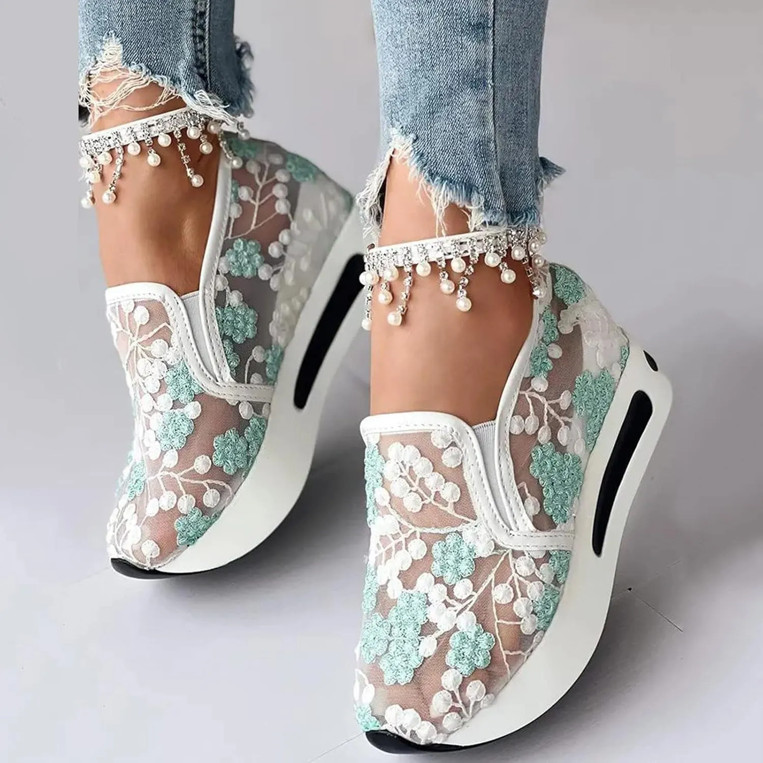 Hbeylia Platform Wedge Sneakers for Women Fashion Embroidery Floral Mesh Air Comfort Chunky Sole Hidden High Heels Slip On Loafers Breathable Walking Work Shoes with Arch Support