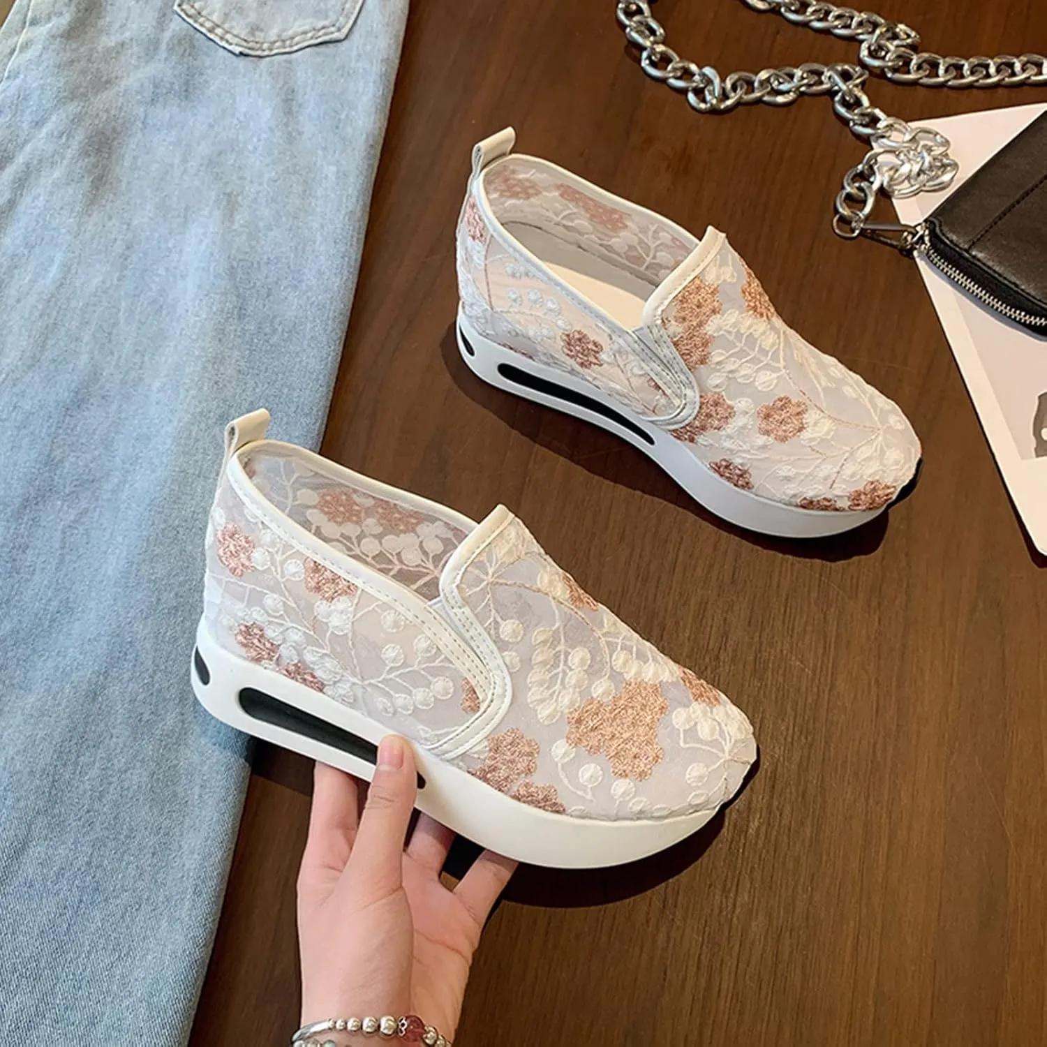 Hbeylia Platform Wedge Sneakers for Women Fashion Embroidery Floral Mesh Air Comfort Chunky Sole Hidden High Heels Slip On Loafers Breathable Walking Work Shoes with Arch Support