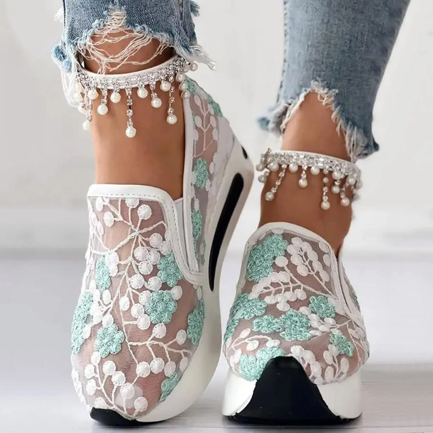 Hbeylia Platform Wedge Sneakers for Women Fashion Embroidery Floral Mesh Air Comfort Chunky Sole Hidden High Heels Slip On Loafers Breathable Walking Work Shoes with Arch Support